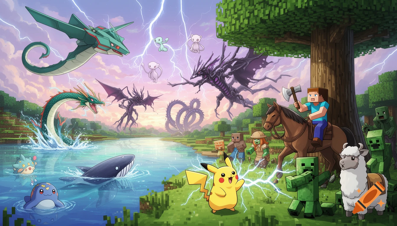An epic crossover image of Minecraft and Pokémon characters battling in a fantastical landscape, with Steve riding a horse and Pikachu surrounded by lightning.