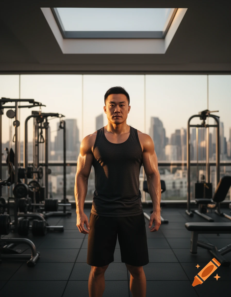 A muscular Asian man in a black tank top and shorts stands in a modern gym, backlit by the sunset over a city skyline.