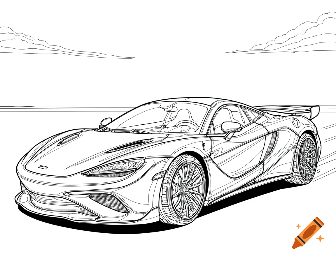 Line art drawing of a sleek sports car from a front-side view, suitable for coloring.