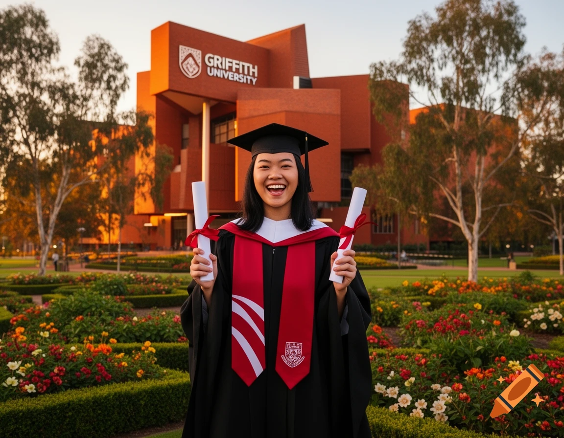 A smiling graduate in a cap and gown holds two diplomas in front of the Griffith University building at sunset.