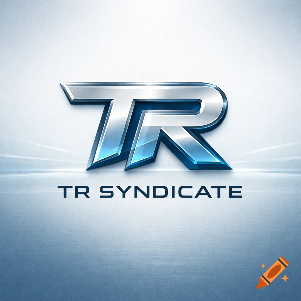 Shiny metallic and blue 3D logo of 'TR' with 'TR SYNDICATE' text below on a textured light background.