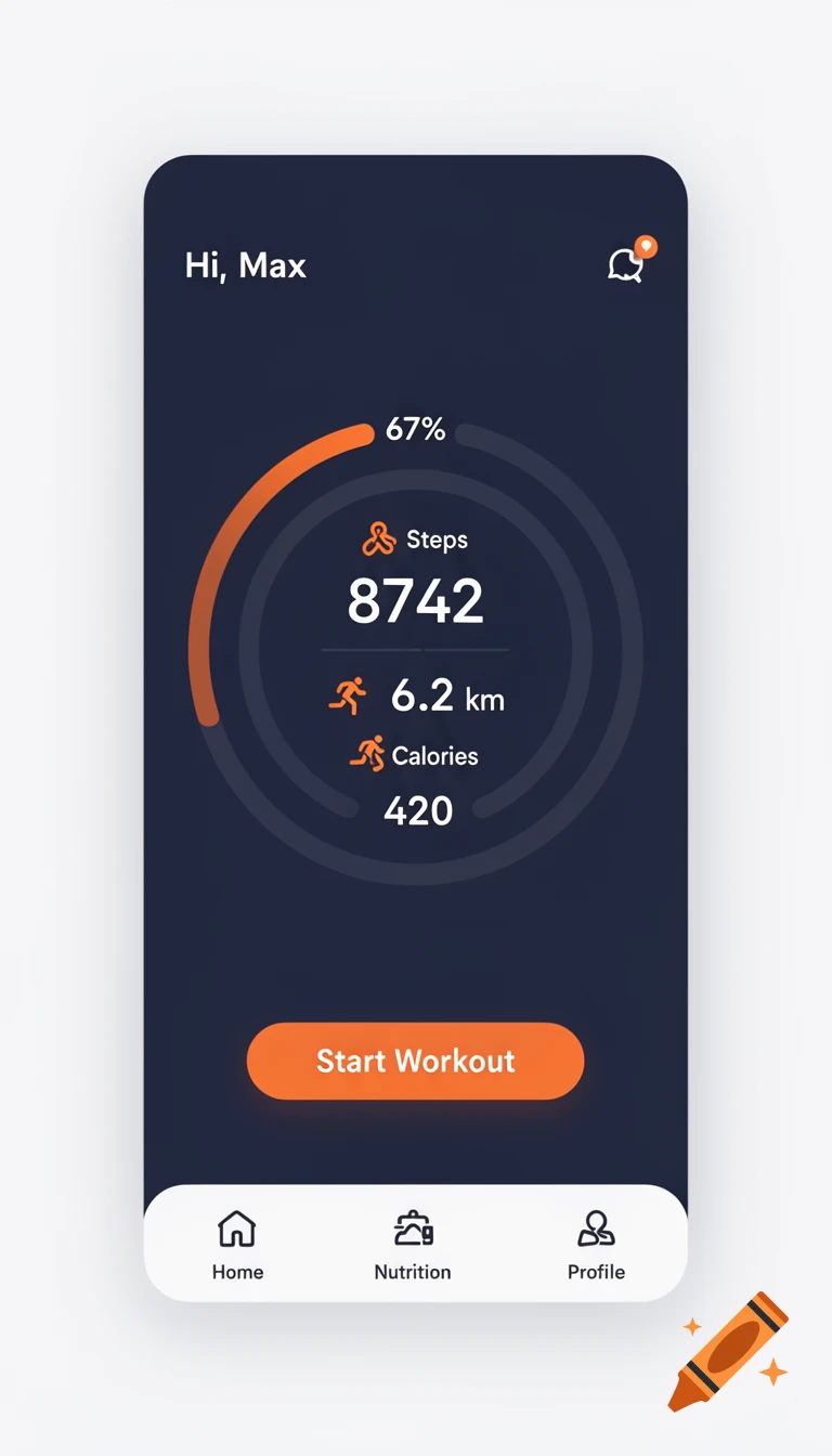 A dark-themed mobile fitness tracker app interface showing daily stats like steps, distance, calories, and a 'Start Workout' button.