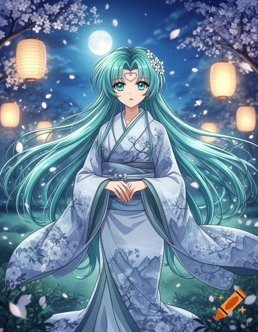 Anime girl with long turquoise hair in a detailed white kimono with ...