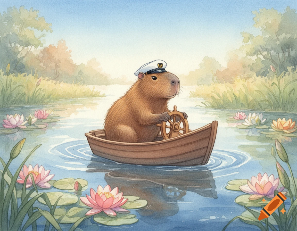Watercolor illustration of a capybara wearing a captain's hat, driving ...