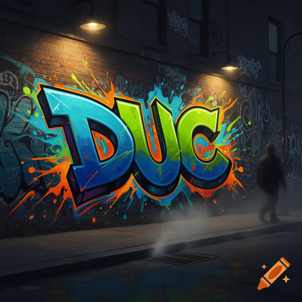 Vibrant graffiti spelling 'DUC' in blue, green, and orange on a brick wall at night, illuminated by streetlights, with a blurry figure walking by.