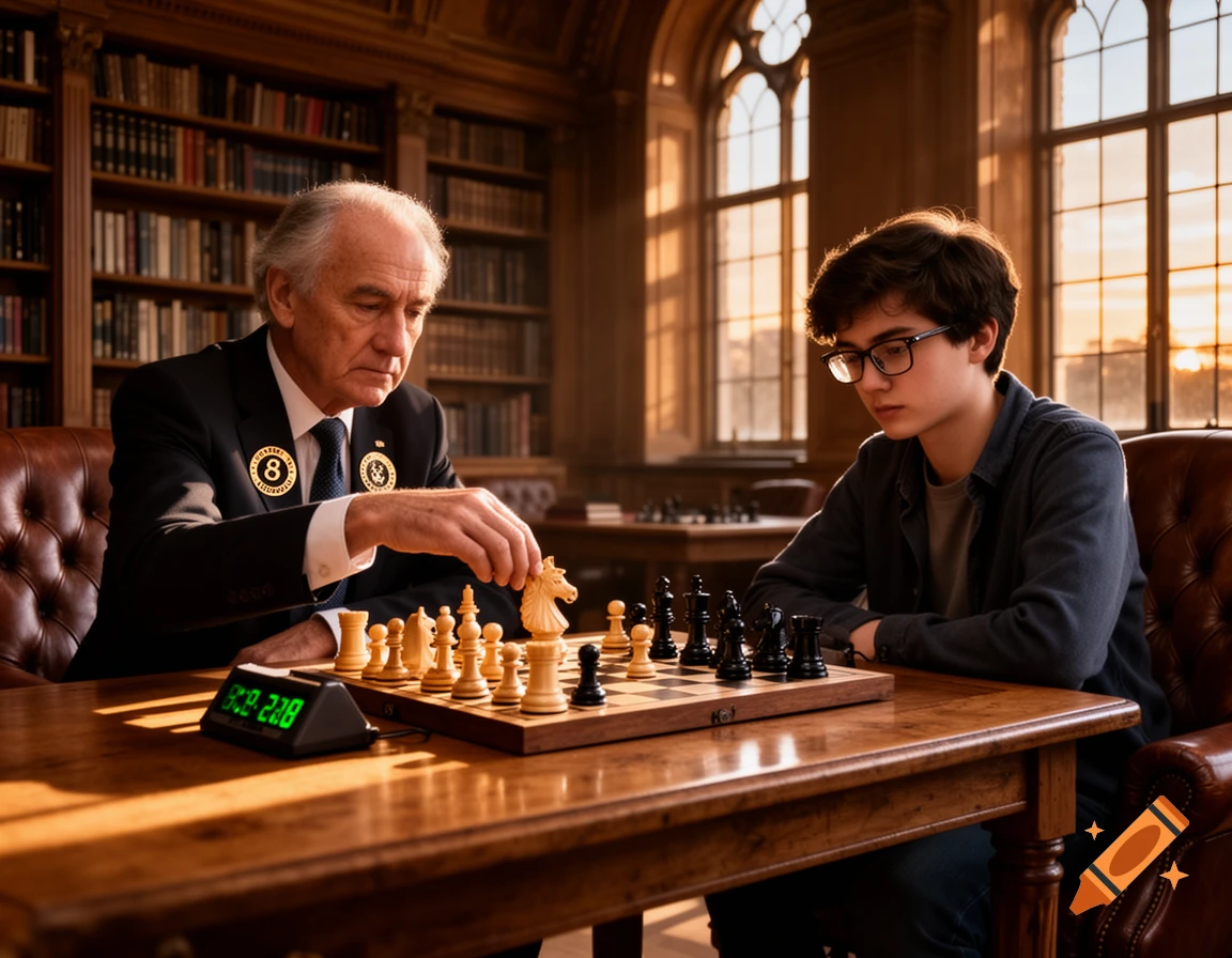 An older man in a suit and a young man in glasses play chess at a wooden table in a grand library at sunset.