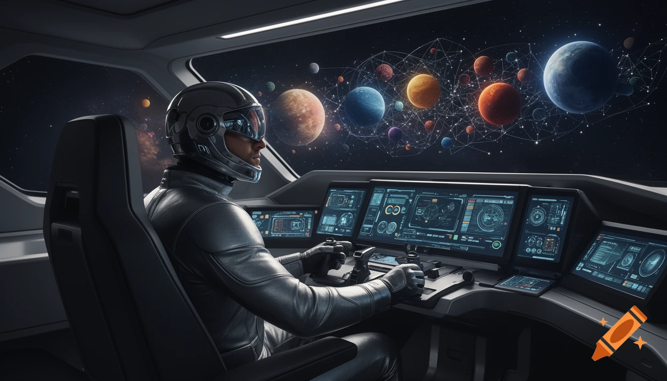 Man in a futuristic space helmet pilots a spaceship, viewing a vibrant solar system with interconnected planets through the window.