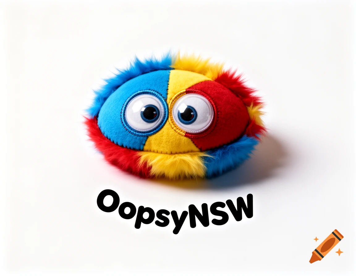 A colorful, fuzzy, spherical plush toy creature with large googly eyes, with "OopsyNSFW" text below it.