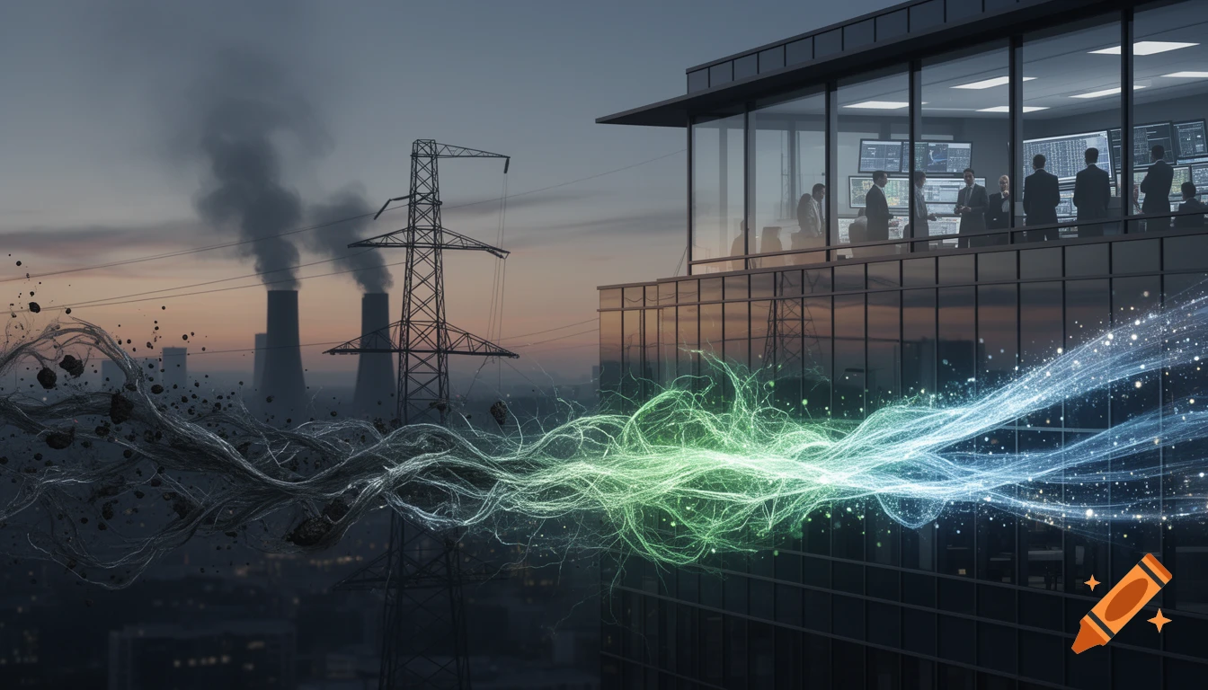 Industrial scene: power plant, grid, and office building. Dirty energy flows from left, clean energy from right, monitored by people inside.