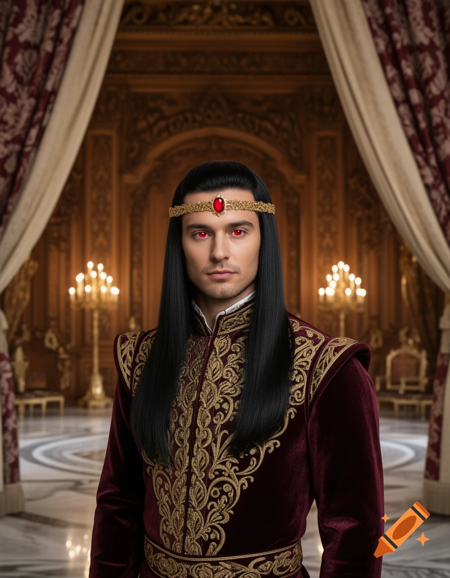 A man with long black hair, ruby eyes, and a golden circlet with a red gem, wearing a richly embroidered velvet tunic, stands in an ornate hall.
