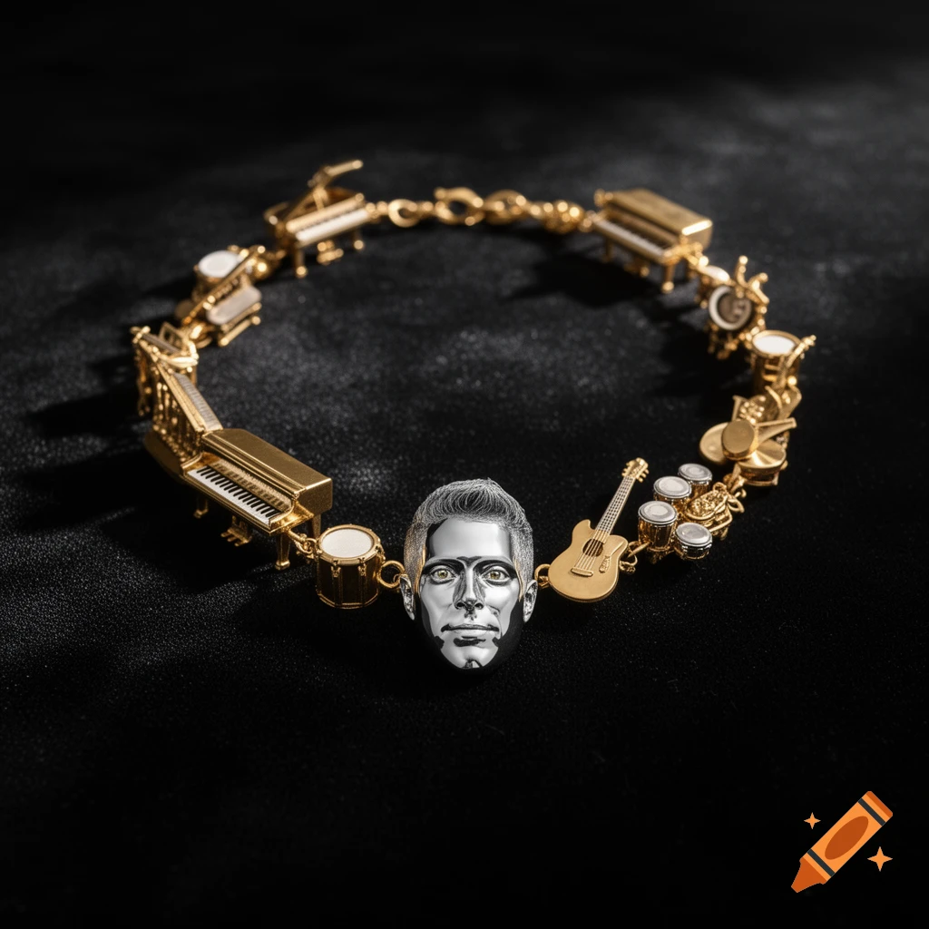 A golden bracelet with charms of miniature musical instruments and a silver man's face lies on a black surface.