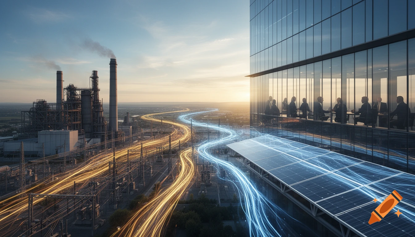 An aerial view of a power plant and a modern high-rise building with solar panels, connected by glowing energy lines, at sunset.