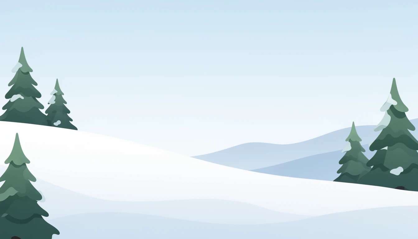 contemporary 2D stock illustration, clean simplified natural forms, flat color areas with gentle soft gradient shading, rounded believable proportions, restrained detail, no outer outlines, no texture or grain, non-photorealistic. A snowy hillside with a few evergreen trees at the edges, distant hills, and pale winter sky. Clean cool palette with soft blues, white shapes, and restrained evergreen tones. Keep the middle foreground area visually uncluttered with simple forms and open space behind layered foreground subjects. No characters, no text.
