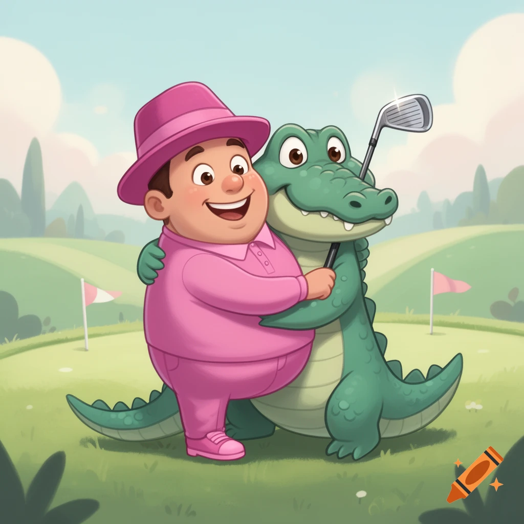 A cheerful cartoon man in pink golf attire hugs a smiling cartoon alligator holding a golf club on a golf course.