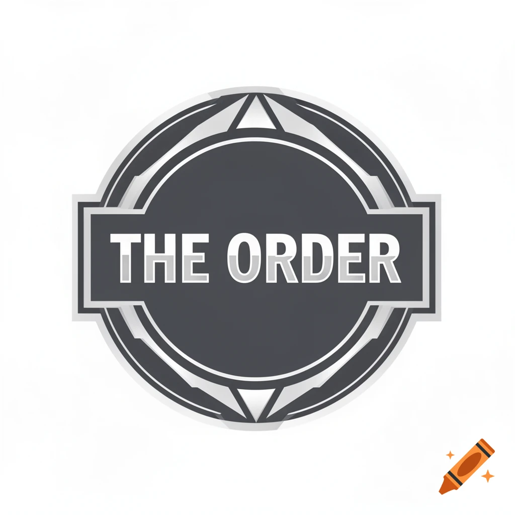 A gray and white circular badge with a stylized border, featuring the text "THE ORDER" in a sans-serif font in the center.