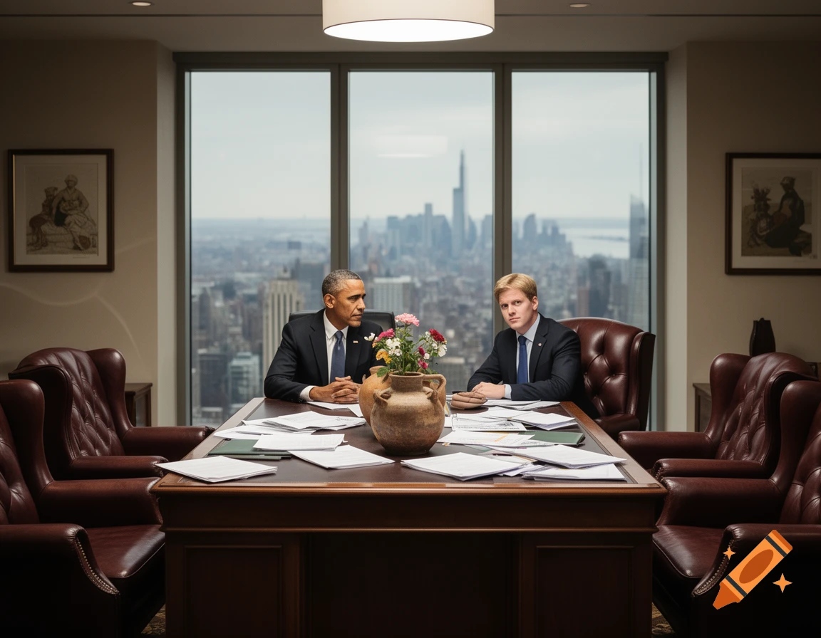 Barack Obama and another man in suits sit at a large conference table with documents, in a high-rise office overlooking a city skyline.