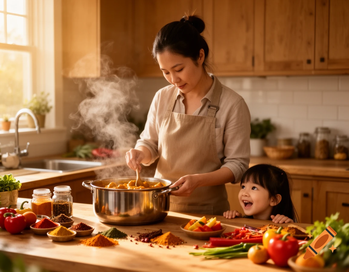 A mother stirs curry in a bright kitchen as her excited daughter watches, surrounded by colorful spices and fresh vegetables.