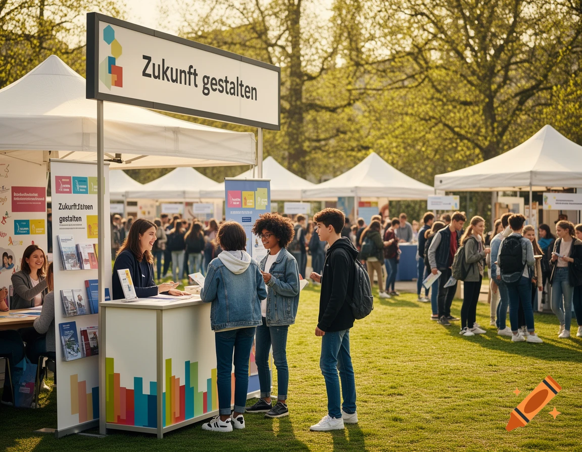 Young people gather at an outdoor education fair, with some interacting at a booth under a sign that reads 'Zukunft gestalten' (Shape the Future) on a sunny day.