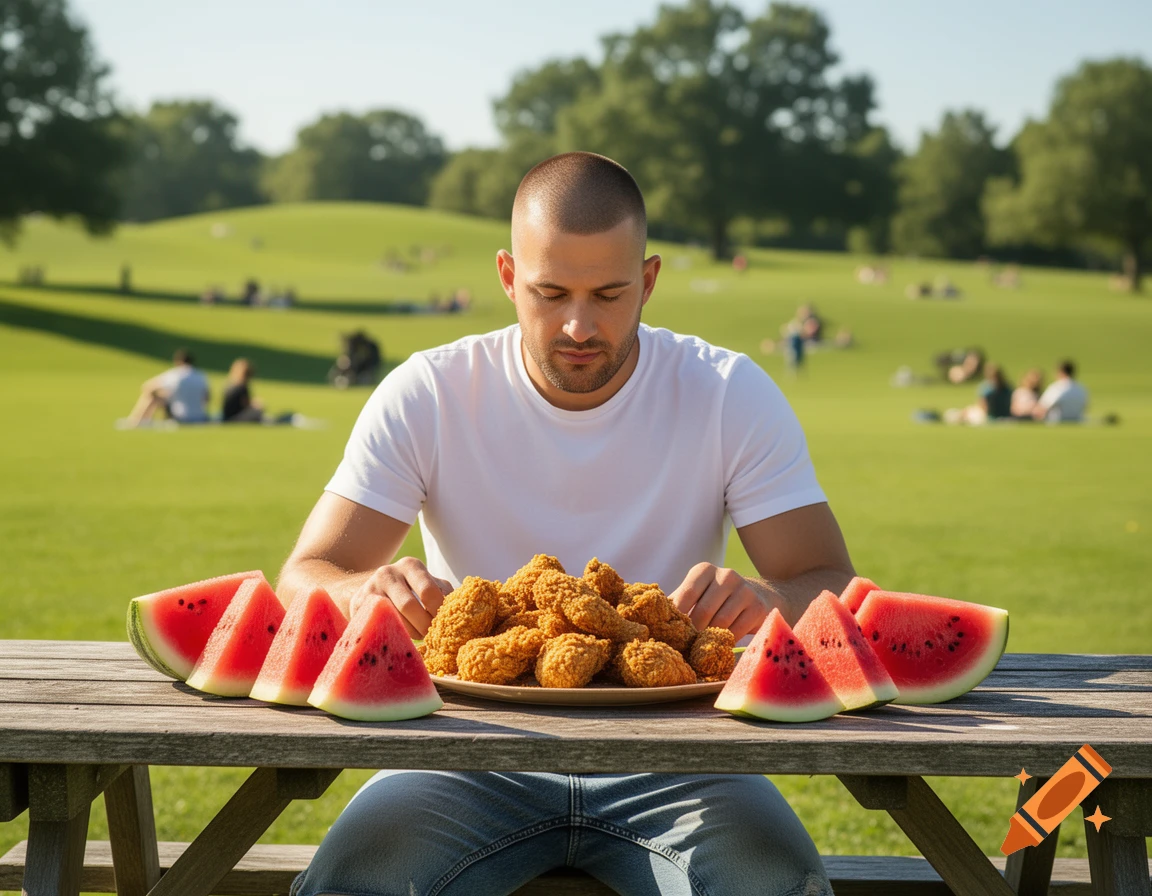 A man with a buzz cut sits at a picnic table in a sunny park, looking at a plate of fried chicken and watermelon slices.