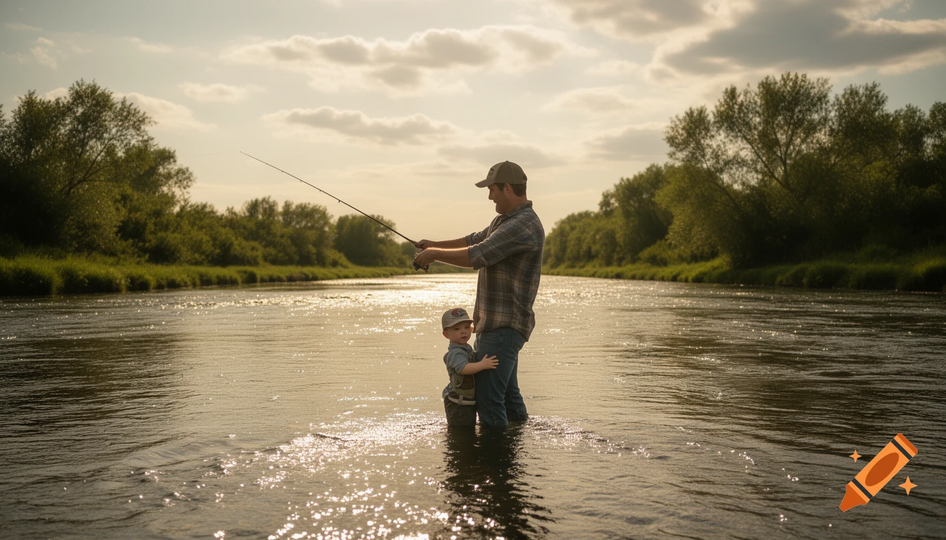 A father and son stand waist-deep in a river at sunset, the father holding a fishing rod while the son holds onto his leg.