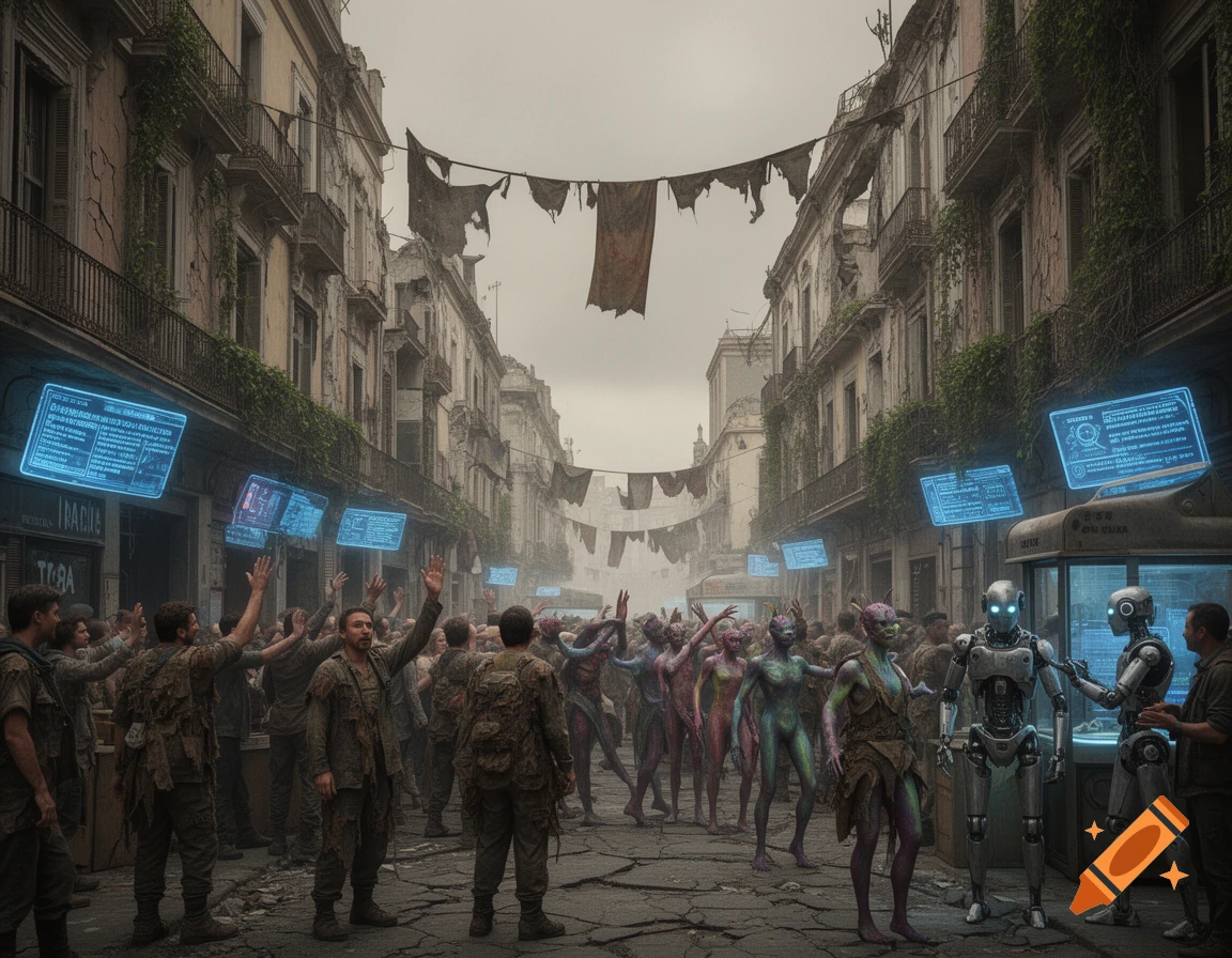 A crowded post-apocalyptic city street with decaying buildings, human survivors, alien-like mutants, and humanoid robots.