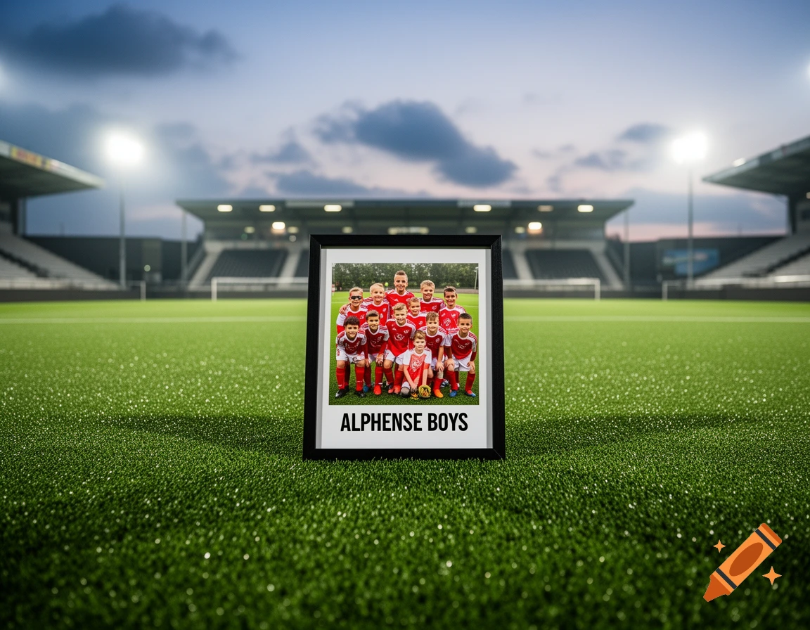 A framed photograph of a youth soccer team with 'ALPHENSE BOYS' text, standing on a green artificial turf field at a stadium.