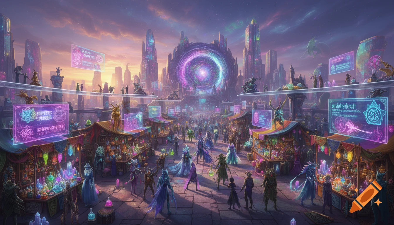 A vibrant, futuristic inter-dimensional market scene at dusk, filled with diverse alien figures, glowing stalls, and towering neon cityscapes.