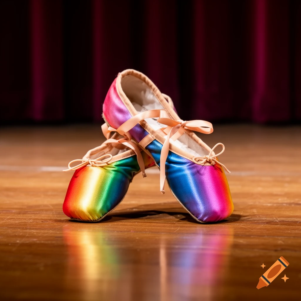 A pair of shiny rainbow-colored ballet shoes with ribbons rests on a polished wooden stage floor.