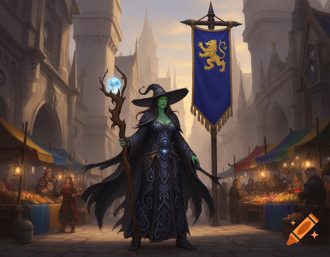 A green-skinned witch in a dark, ornate robe holds a glowing staff in a bustling fantasy market street under a blue lion banner.