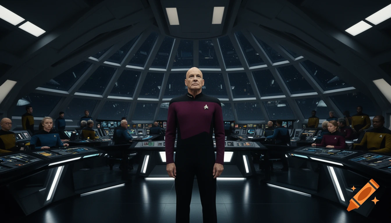 Jean-Luc Picard stands on the bridge of a Starfleet ship, surrounded by crew and a large panoramic window showing space.