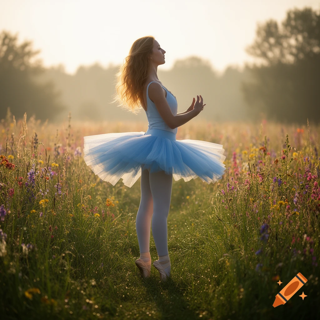 A graceful ballerina on pointe in a field of wildflowers with a misty sunrise background.