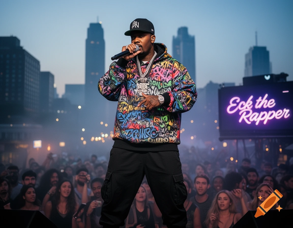 A rapper in a colorful graffiti-patterned hoodie and a black cap performs on stage, holding a microphone. Behind him, a neon sign reads "Eck the Rapper," and a blurred crowd watches under a dusk sky with city buildings in the background.