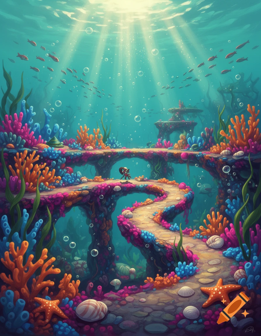 A vibrant underwater fantasy scene with winding coral platforms, a small character, schools of fish, and sunlight filtering from above.