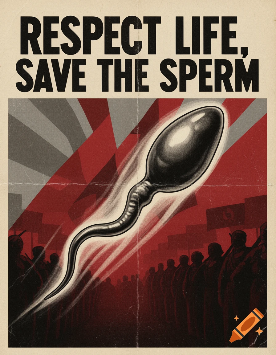 A propaganda-style poster features a large, dark sperm cell above silhouetted figures and text reading 'RESPECT LIFE, SAVE THE SPERM'.