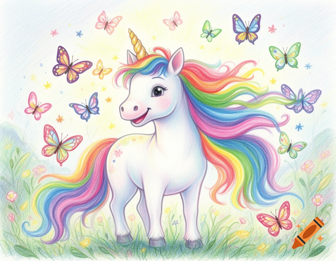 A cute smiling unicorn with a rainbow mane and golden horn stands in a grassy field, surrounded by colorful butterflies, drawn in a colored pencil style.