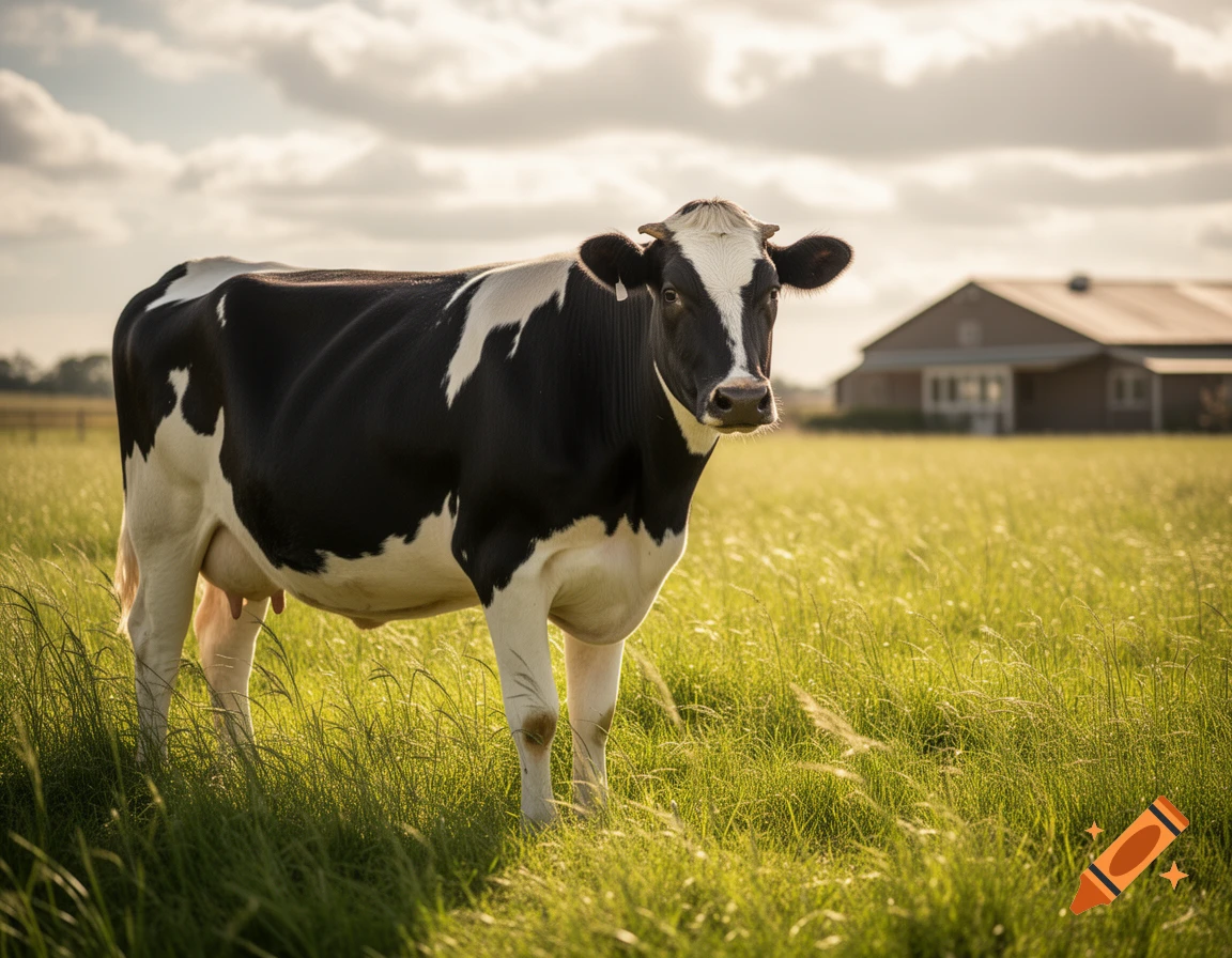 A black and white cow stands in a sunlit green pasture with a barn in the background.