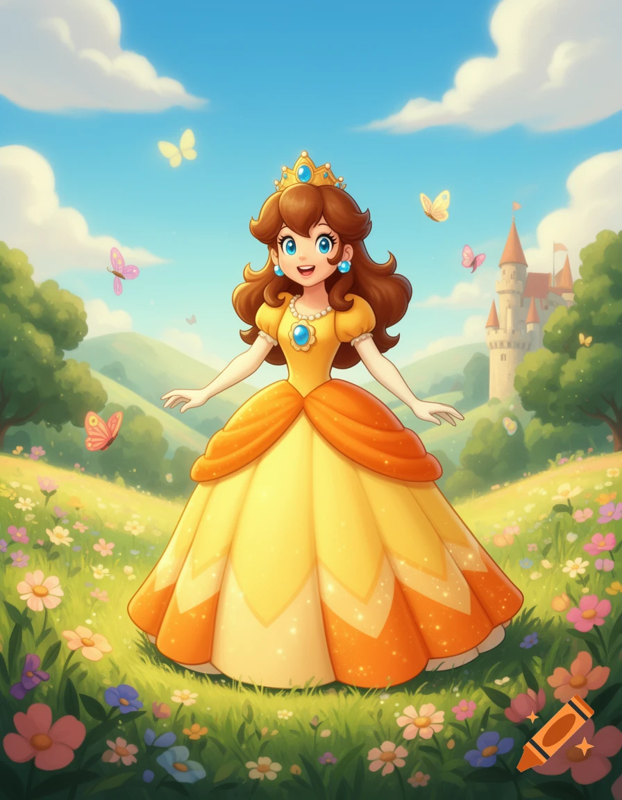 Cartoon Princess Daisy stands in a vibrant flower field with a castle and butterflies under a blue sky.