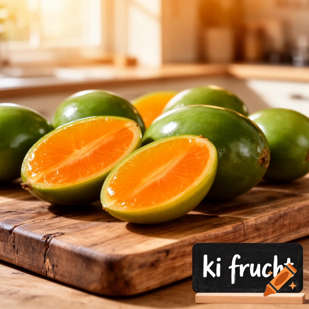 Green fruits, some sliced open revealing orange flesh, on a wooden board in a bright kitchen, with a 'ki frucht' sign.