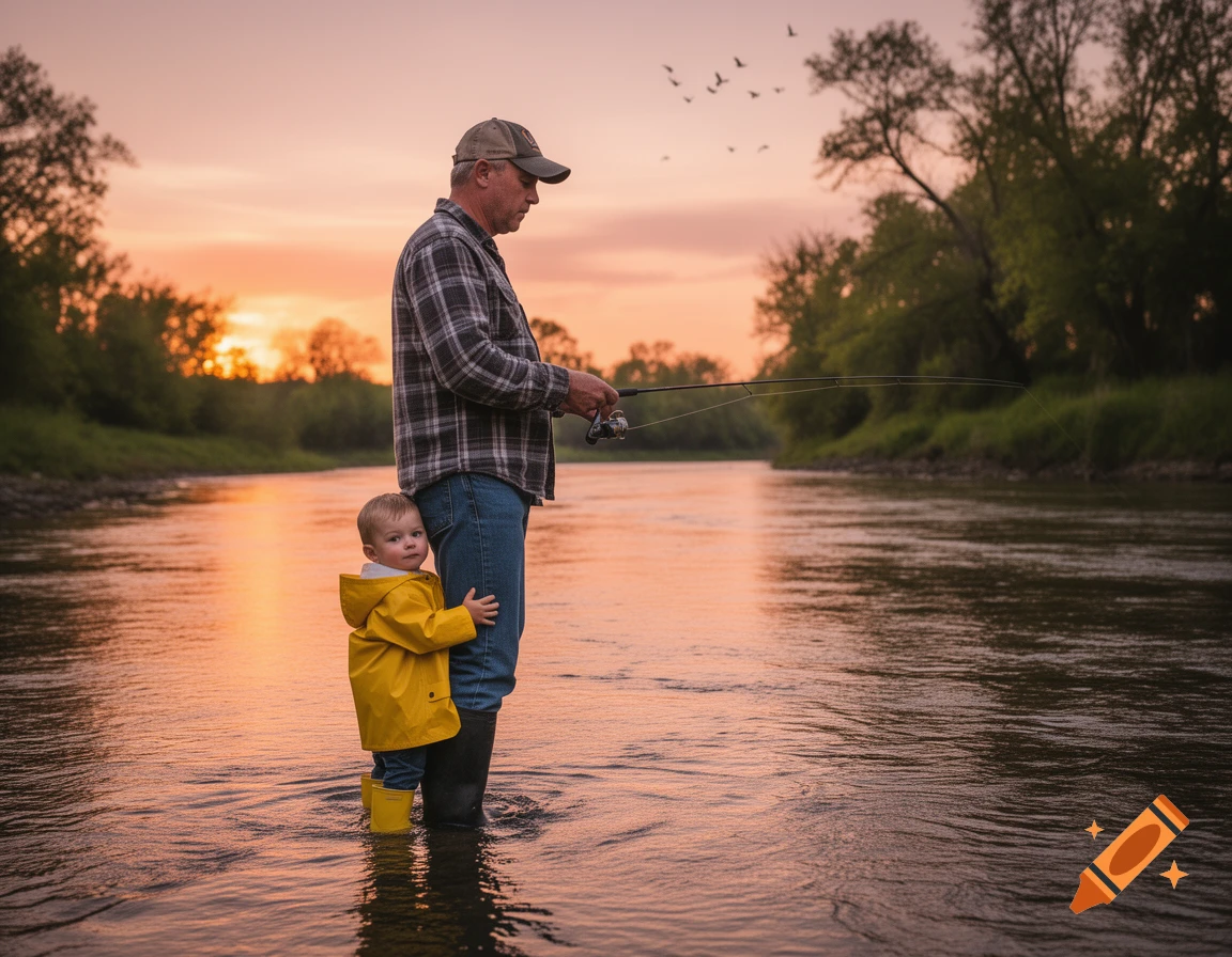 A man and toddler son fishing in a river at sunset, with the child clinging to his father's leg.