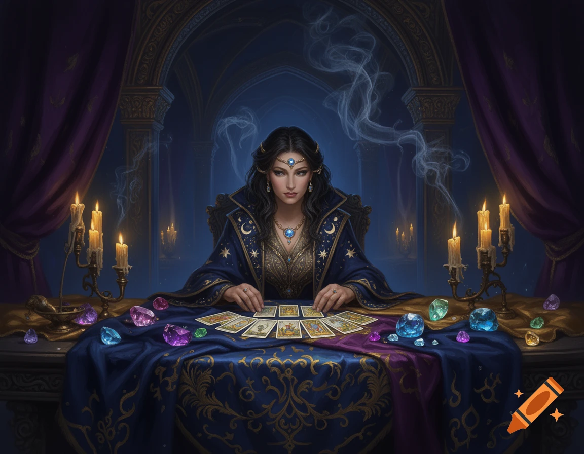 A sorceress in a starry blue robe sits at a table with tarot cards, glowing gems, and candles, in a mystical, theatrical room.