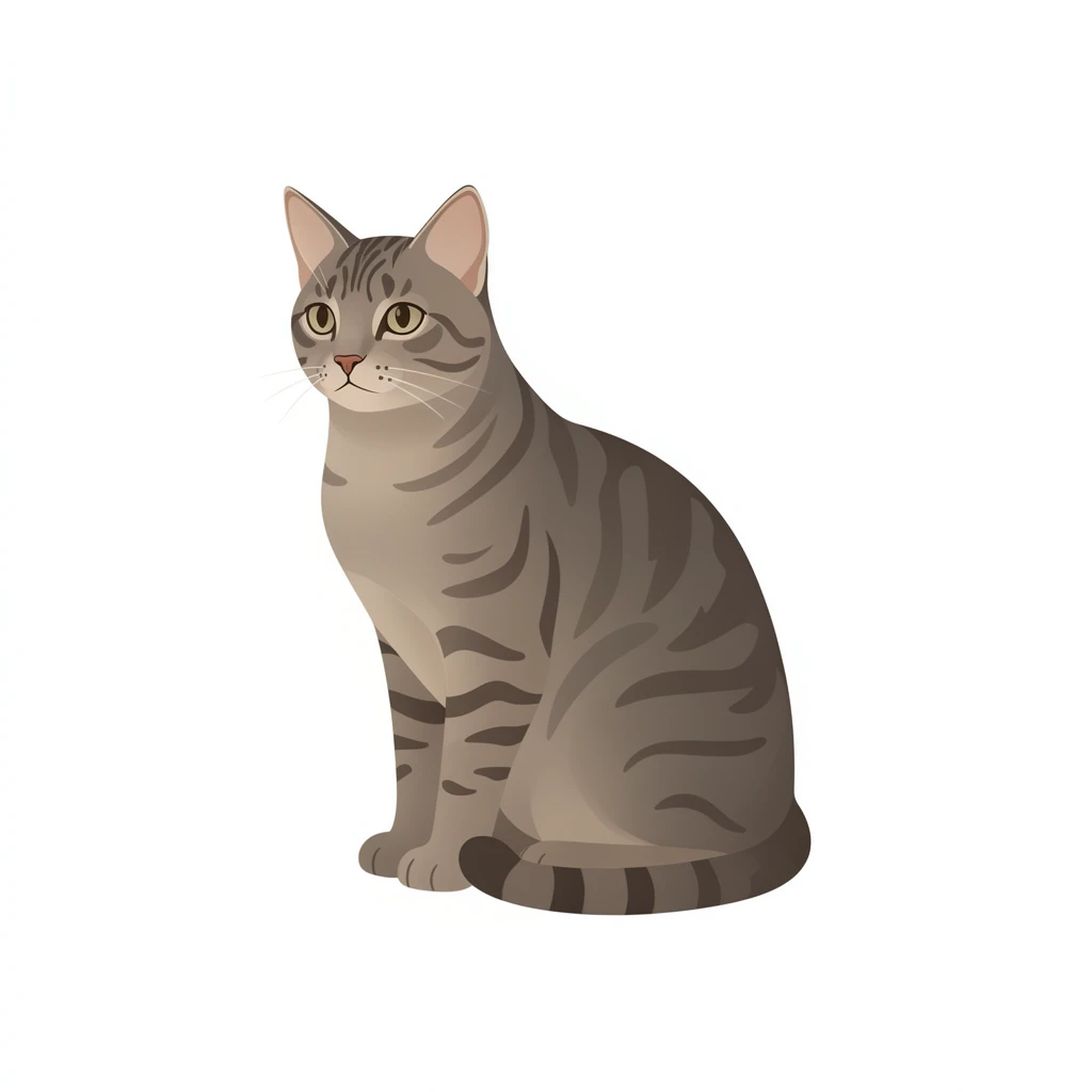 contemporary 2D stock illustration, clean simplified natural forms, flat color areas with gentle soft gradient shading, rounded believable proportions, restrained detail, no outer outlines, no texture or grain, non-photorealistic. A calm domestic cat sitting upright in a three-quarter view, centered on a pure white background. Naturalistic simplified tabby coloring with warm gray-brown tones. Clear readable silhouette with comfortable padding, no cast shadow, no floor shadow, no extra scenery.