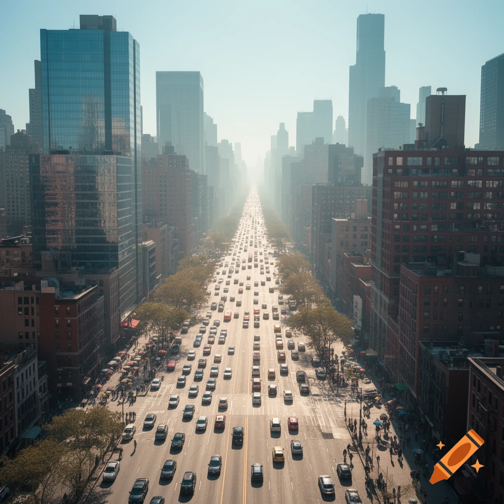 Aerial view of a long, straight city street packed with cars, flanked by tall buildings under a hazy sky.