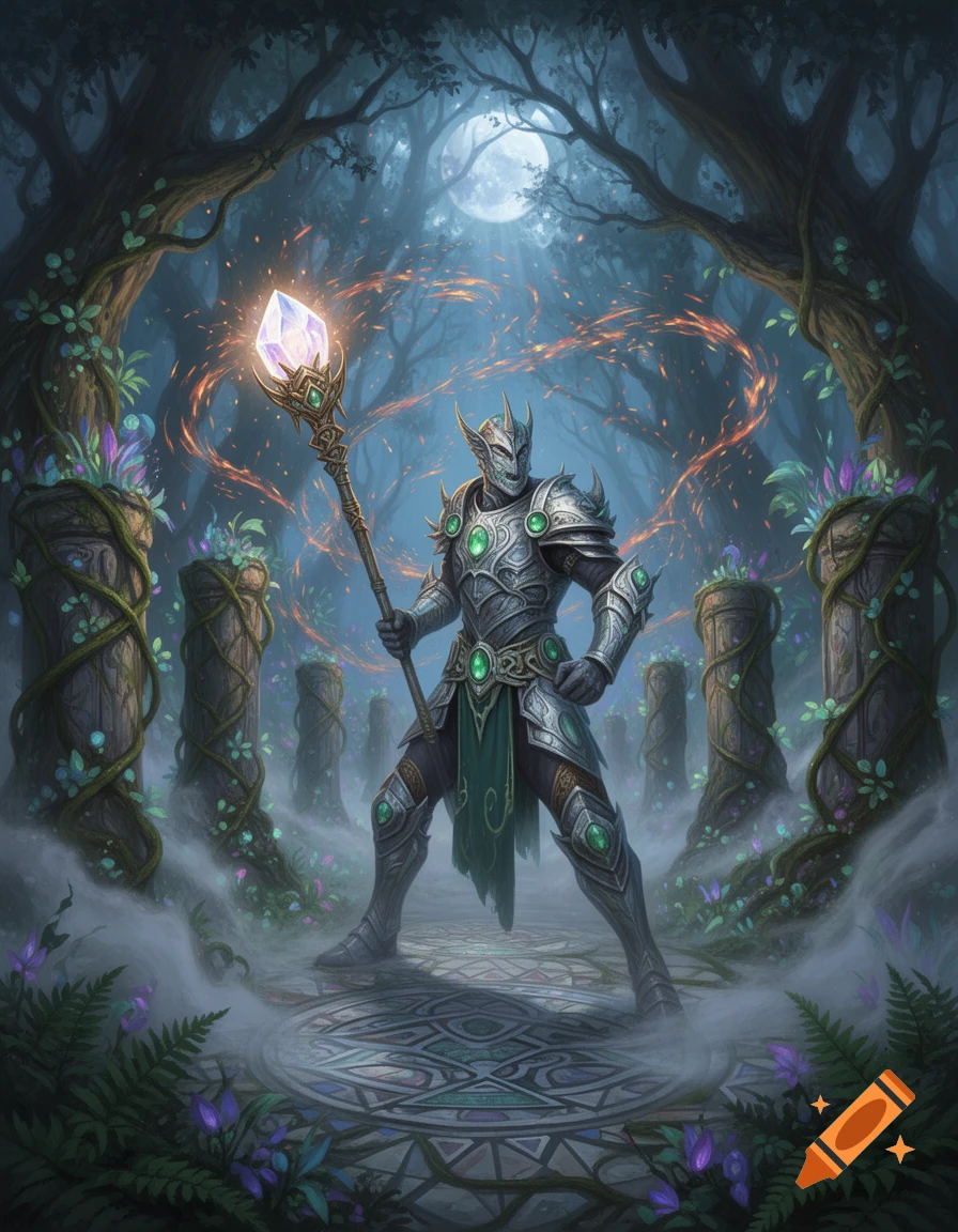 A fantasy warrior in ornate silver and green armor stands in a mystical ...