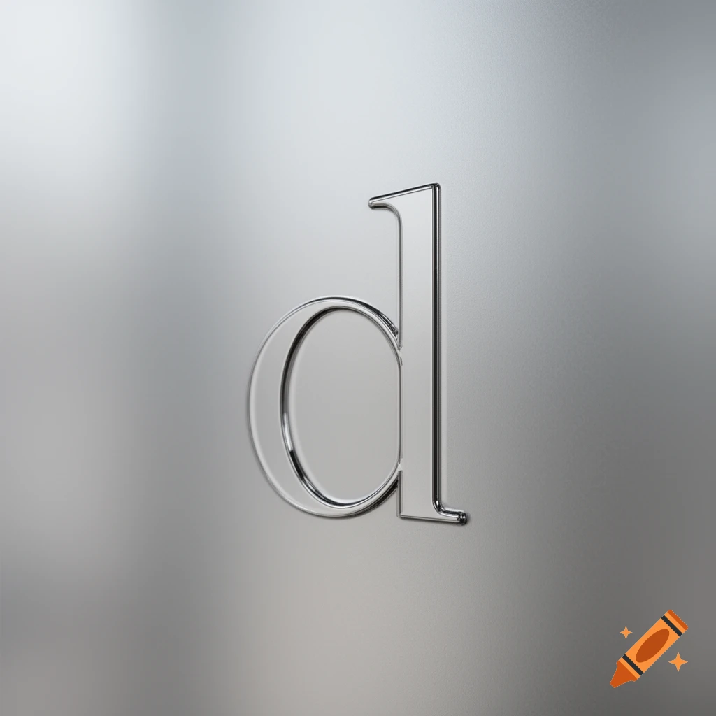 A shiny, chrome-like lowercase letter 'd' stands out against a soft, blurred gray background.