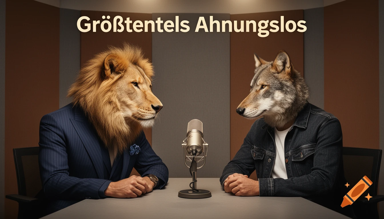 A photorealistic image of a lion in a pinstripe suit and a wolf in a denim jacket sitting opposite each other at a table with a podcast microphone. The title "Größtenteils Ahnungslos" is above them.