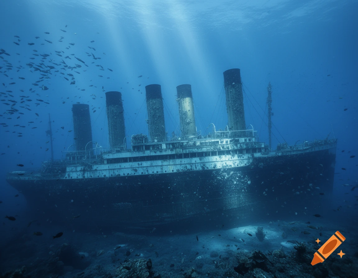 Photorealistic image of the deteriorated Titanic shipwreck on the ocean floor, surrounded by fish, with sun rays piercing blue water.