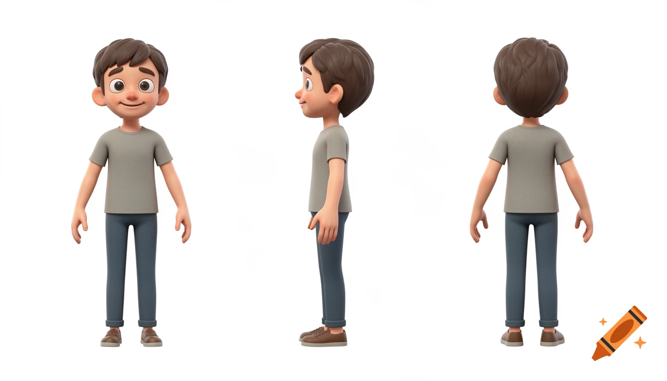 A 3D character turnaround of a stylized boy with brown hair, wearing a gray t-shirt, blue pants, and brown shoes, shown from front, side, and back views on a white background.