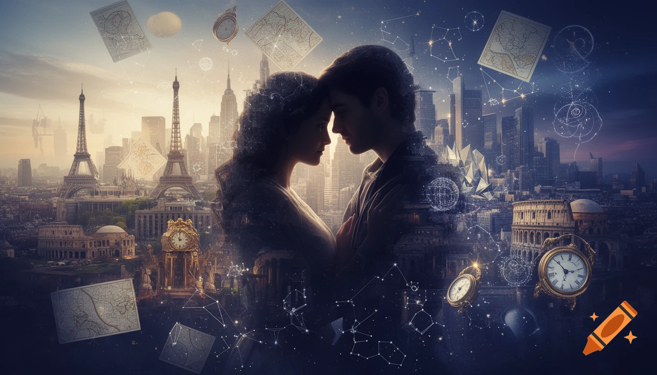 A dreamlike, cinematic image of a silhouetted couple embracing, superimposed over a collage of global cityscapes like Paris and Rome, with floating clocks and maps against a starry, transitioning sky.
