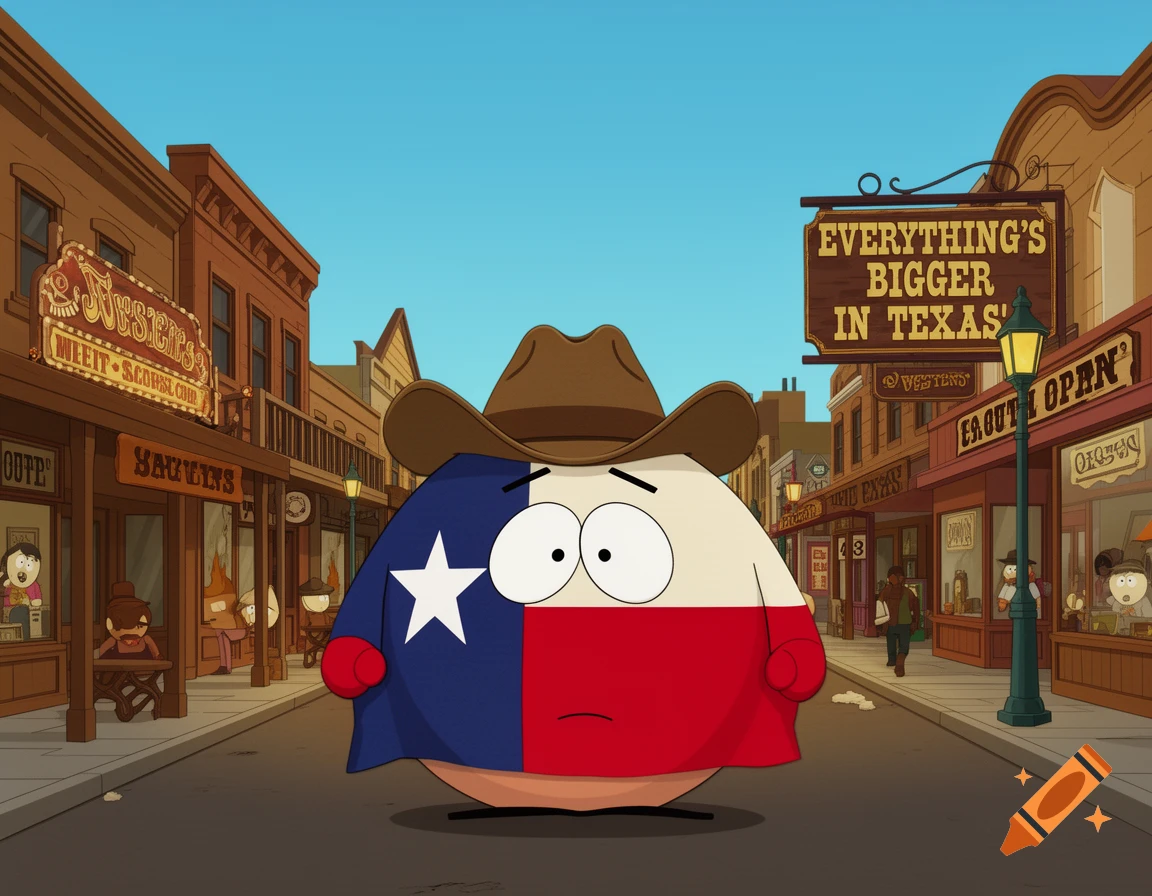 A South Park style countryball representing Texas, wearing a cowboy hat, walks down a Western town street with various shops.
