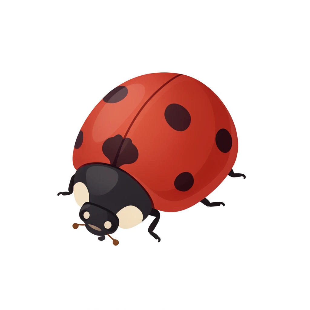contemporary 2D stock illustration, clean simplified natural forms, flat color areas with gentle soft gradient shading, rounded believable proportions, restrained detail, no outer outlines, no texture or grain, non-photorealistic. A ladybug in three-quarter top view, centered on a pure white background. Naturalistic simplified red shell with restrained dark spots. Clear readable silhouette with comfortable padding, no cast shadow, no floor shadow, no extra scenery.